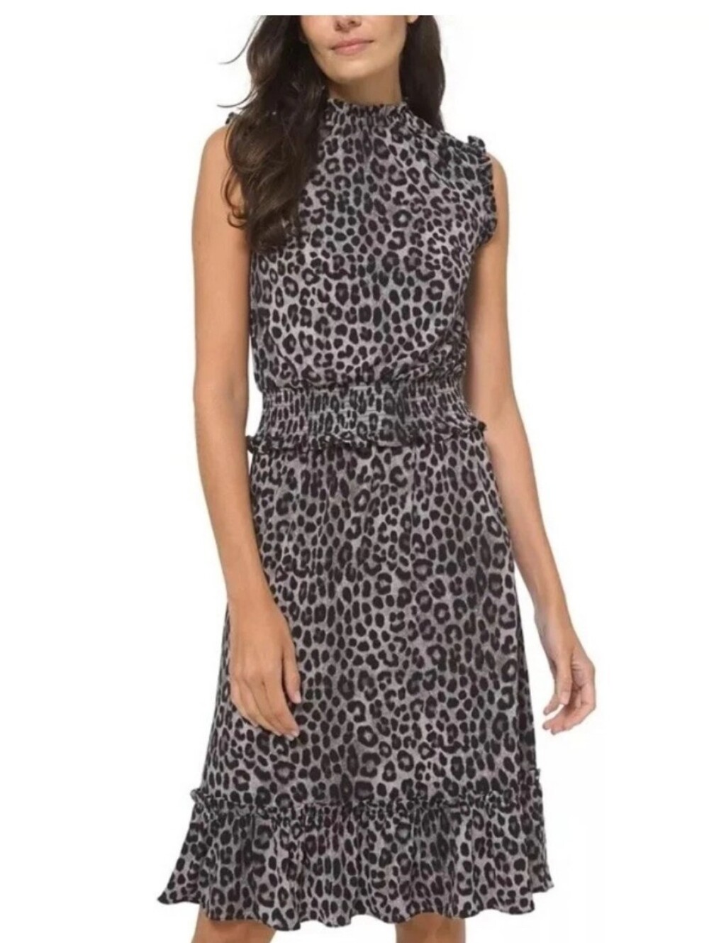NWT Michael Kors Women's Animal-Print Smocked Dress Gray Stretch Ruffle Sz L